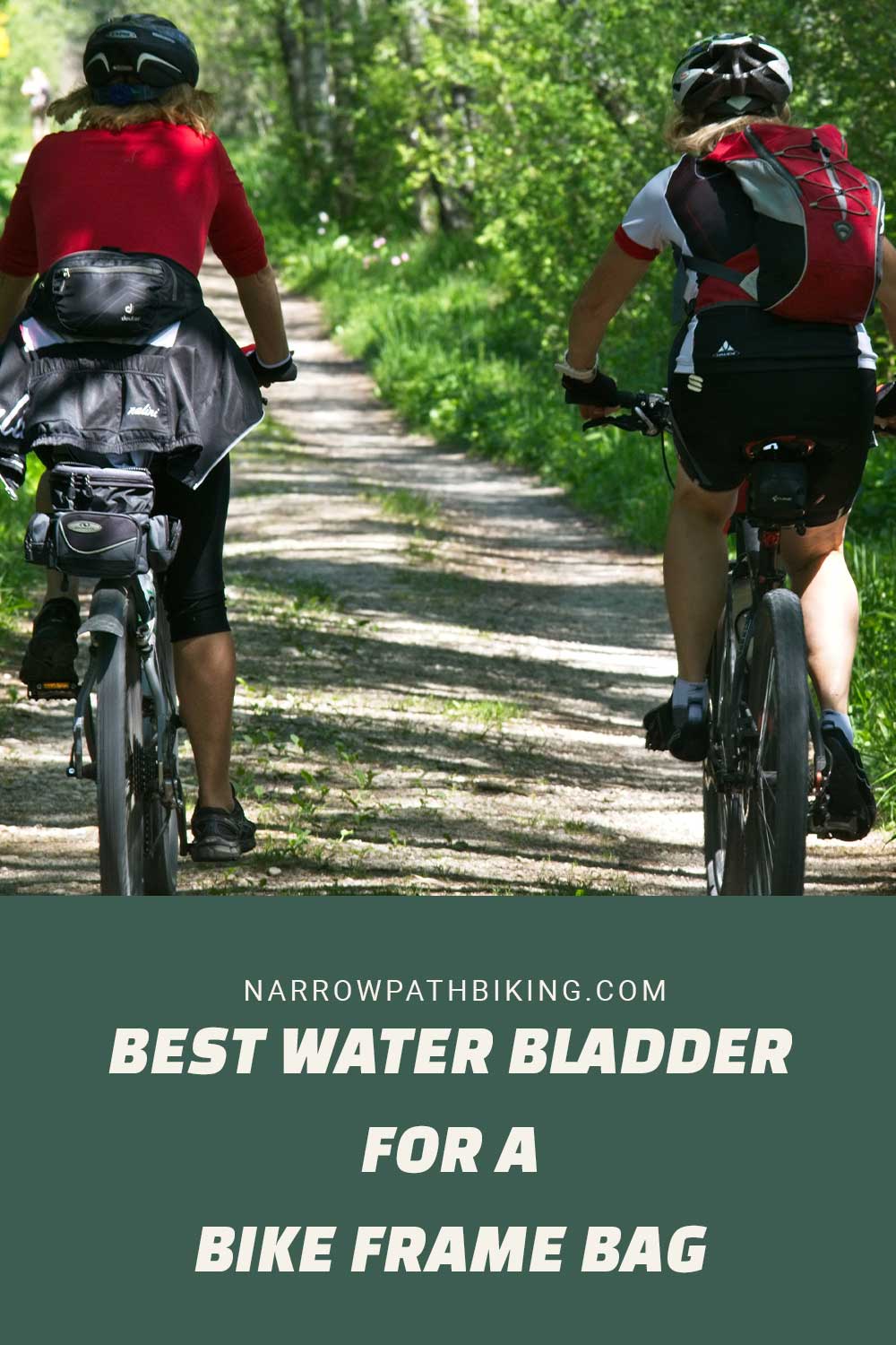 Two person riding mountain bikes on a narrow path - Best Water Bladder For A Bike Frame Bag.